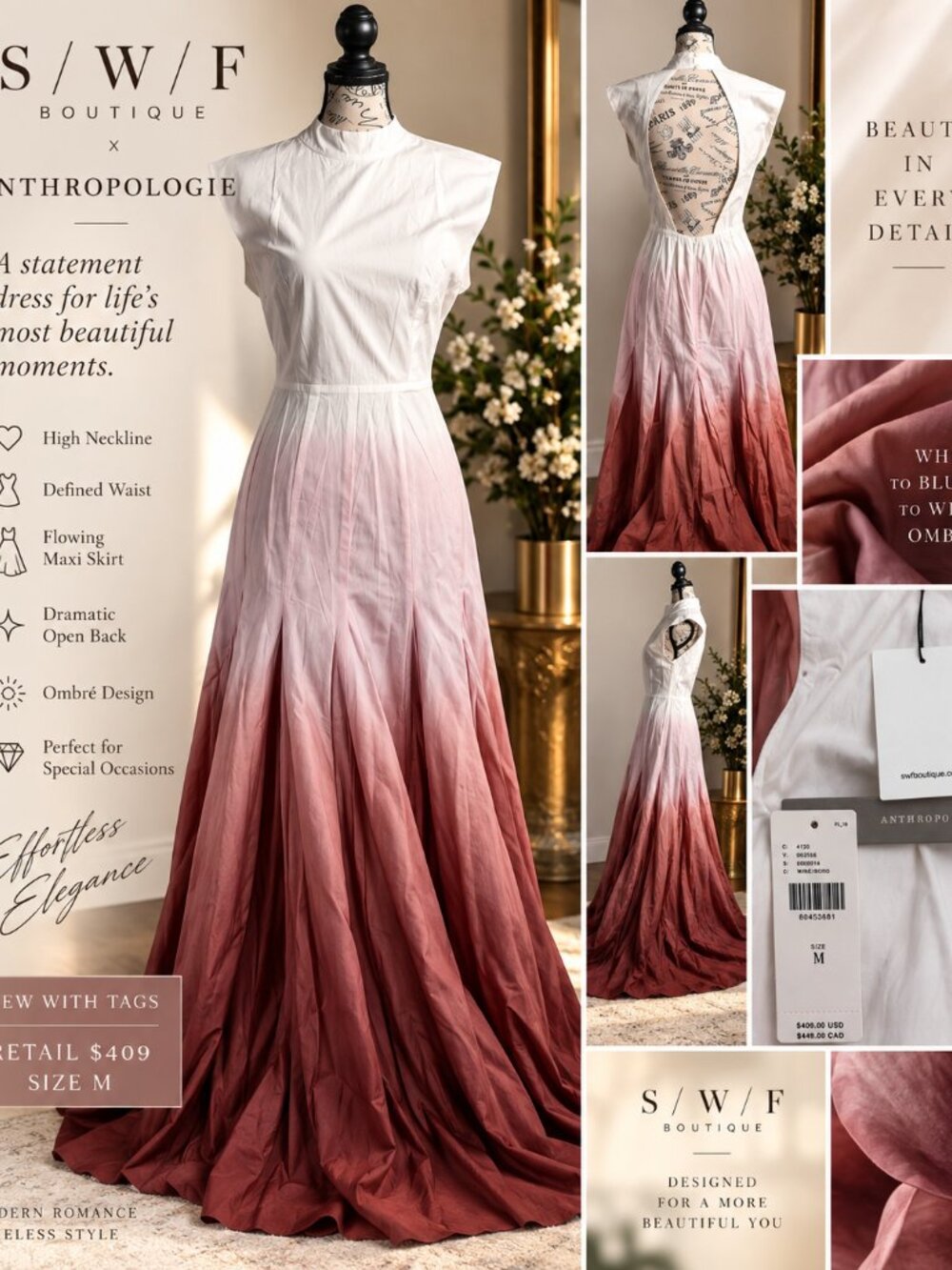 NWT Anthropologie White Wine Ombré Open Back Maxi Gown Dress M $409